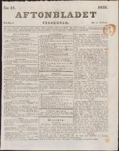 Sida 1 Aftonbladet 1833-01-21