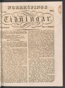 Norrköpings Tidningar Lördagen den 20 Augusti 1831